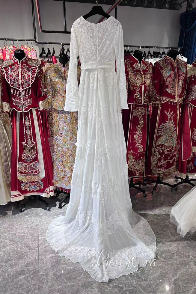 Deep V-Neck Long Sleeves Lace Appliques Wedding Dresses, Bridal Gown WLD0158