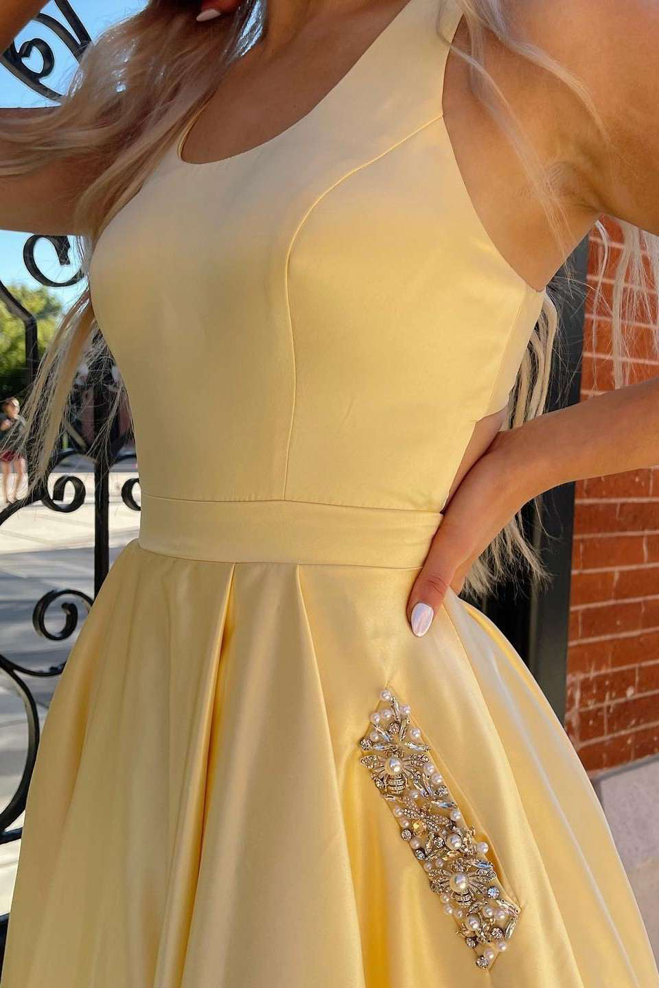 Gorgeous Yellow Satin Cutout Back A-Line Formal Dress With Rhinestones, Evening Gown WLD0180
