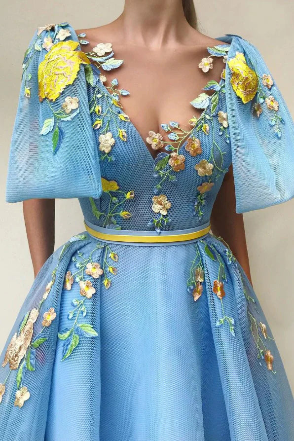 Blue Tulle Long Prom Dress with Applique, Formal Evening Dress WLD0200