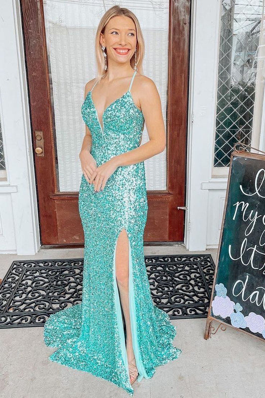 Sequins Spaghetti Straps Mermaid Long Prom Dresses, Backless Evening Gown WLD0170