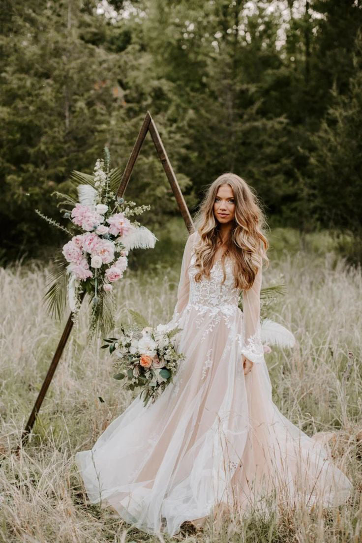 Princess Long Sleeves Lace Appliques V Neck Tulle Wedding Dresses, Bridal Gown WLD0157