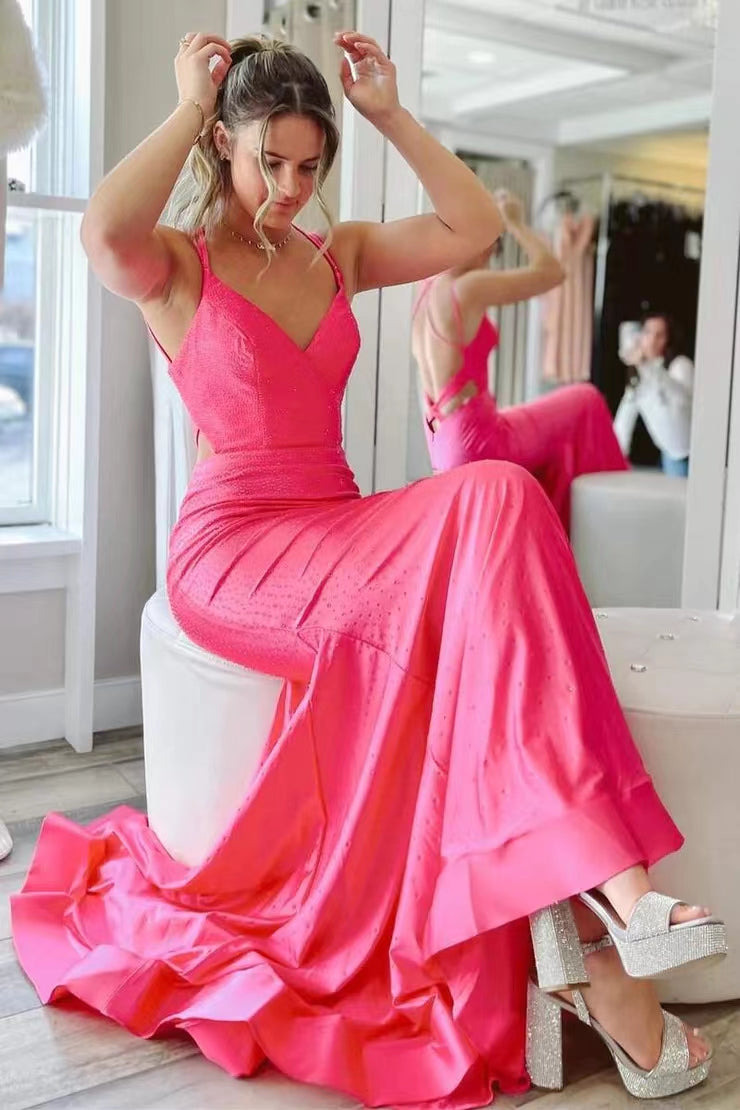 Gorgeous Hot Pink Satin Mermaid Long Prom Dress, Formal Dress WLD0177