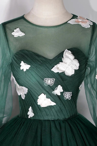 Dark Green Long Sleeves Ball Gown Sweet Dresses, Green Tulle Round Neckline Prom Dresses WLD0021