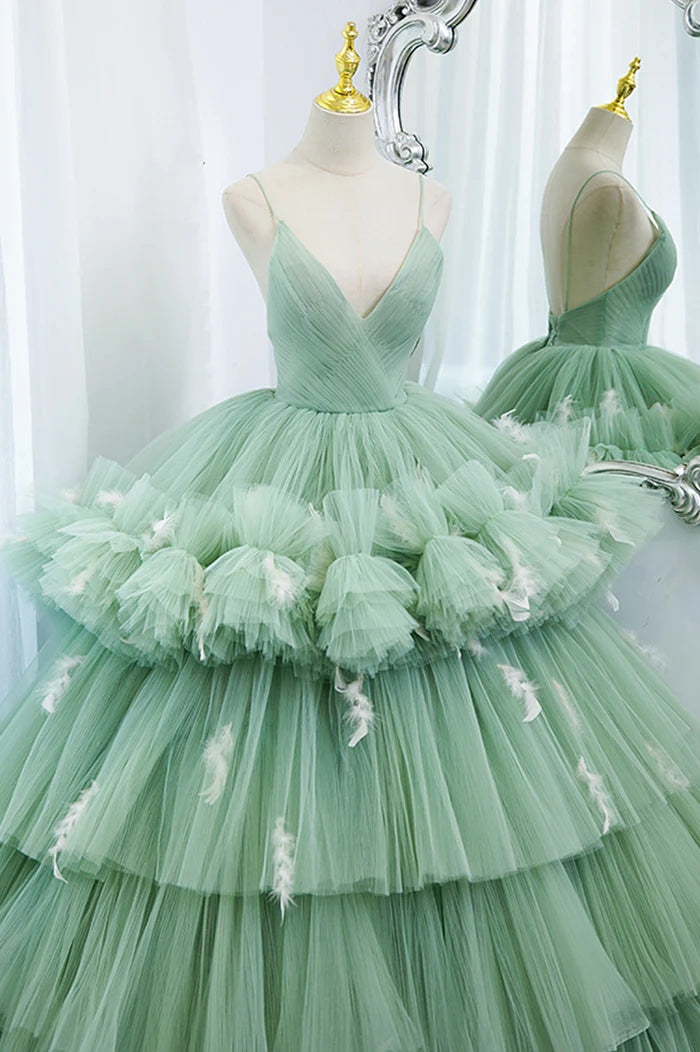 Green Tulle Long A-Line Prom Dress, Green V-Neck Formal Evening Gown WLD0325
