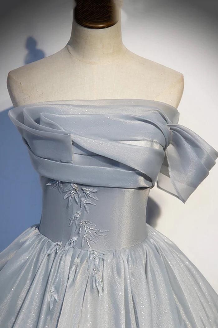 Gray Tulle Long A-Line Prom Dress, Gray Strapless Formal Evening Gown WLD0326