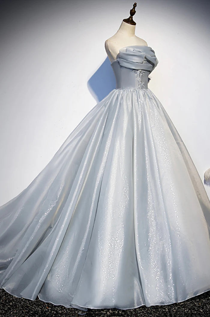 Gray Tulle Long A-Line Prom Dress, Gray Strapless Formal Evening Gown WLD0326