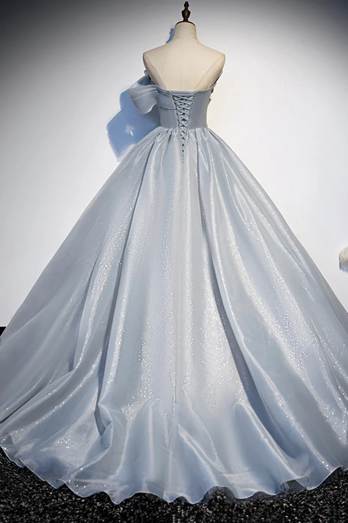 Gray Tulle Long A-Line Prom Dress, Gray Strapless Formal Evening Gown WLD0326
