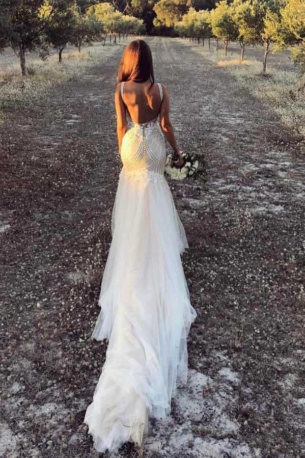 Ivory Mermaid Backless V Neck Lace Wedding Dress, Bridal Gown WLD0142