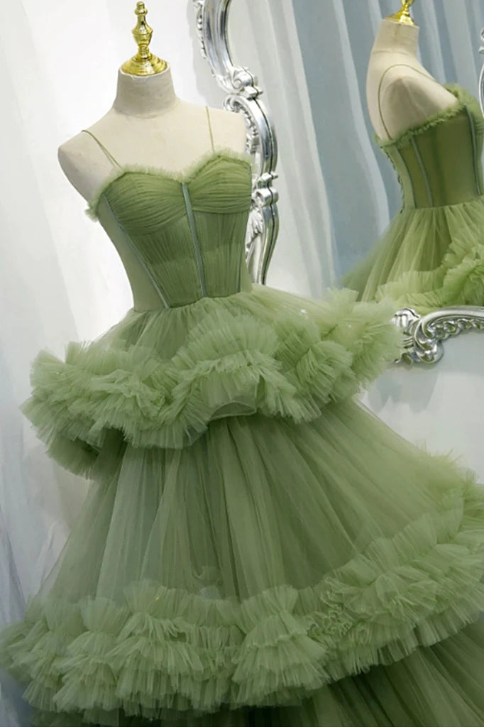 Princess Green Tulle Spaghetti Straps Lace up Prom Dresses With Layers, Sweetheart Formal Gown WLD0166