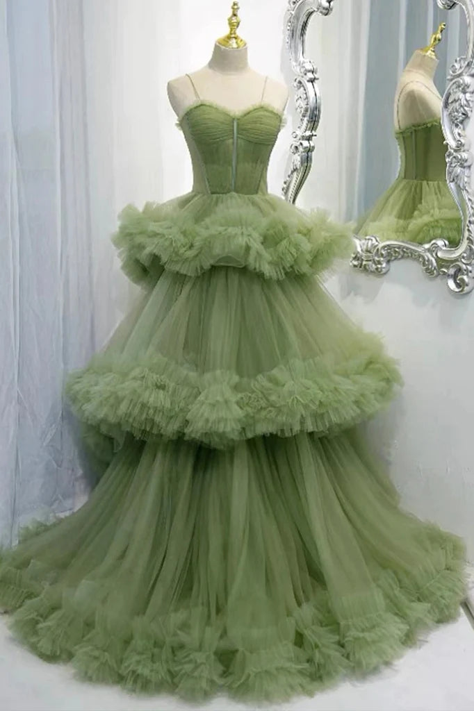 Princess Green Tulle Spaghetti Straps Lace up Prom Dresses With Layers, Sweetheart Formal Gown WLD0166