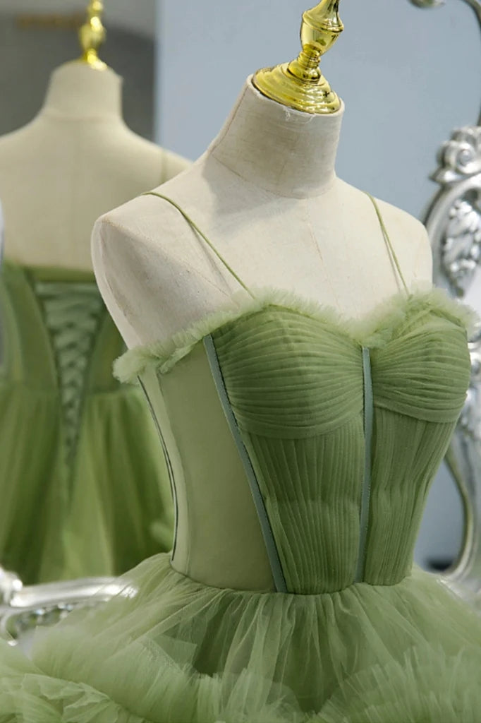 Princess Green Tulle Spaghetti Straps Lace up Prom Dresses With Layers, Sweetheart Formal Gown WLD0166