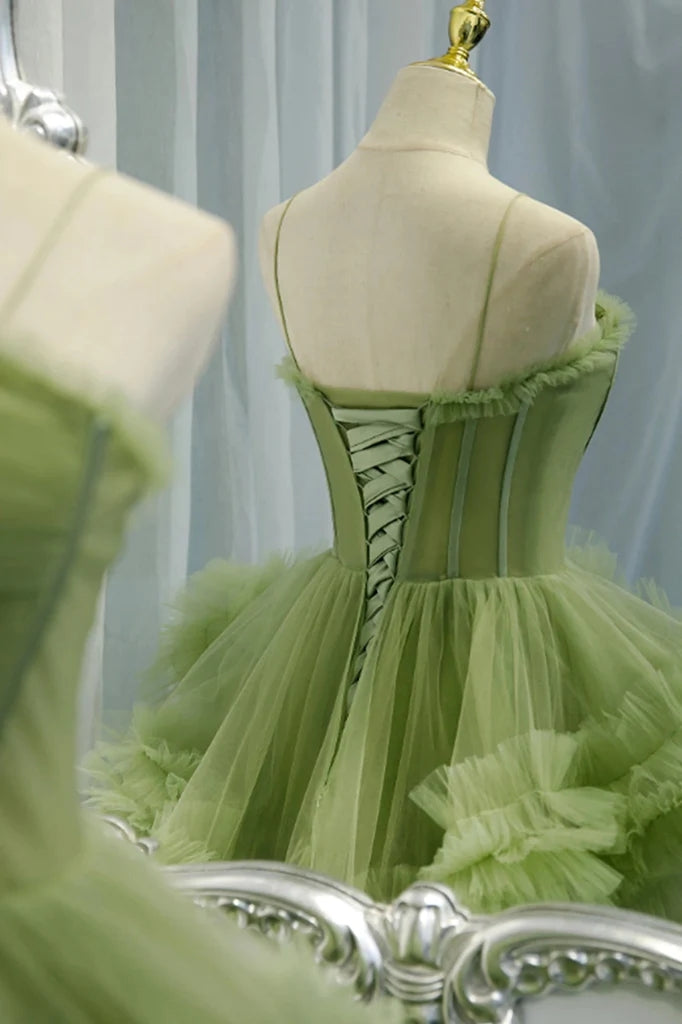 Princess Green Tulle Spaghetti Straps Lace up Prom Dresses With Layers, Sweetheart Formal Gown WLD0166