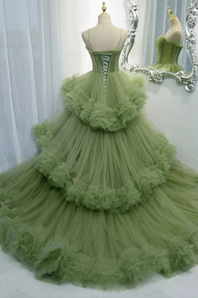 Princess Green Tulle Spaghetti Straps Lace up Prom Dresses With Layers, Sweetheart Formal Gown WLD0166