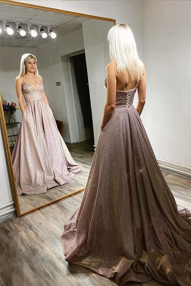 Sparkly A-line V Neck Pink Long Prom Dresses, Shiny Long Formal Evening Dresses WLD0114