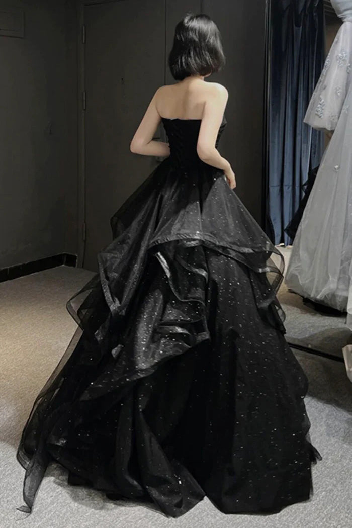 Black A-Line Tulle Layers Long Prom Dress, Strapless Evening Dress WLD0320