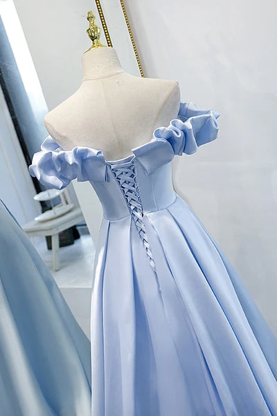 Blue Satin Simple Off Shoulder Long Party Dress 2021, A-Line Light Blue Prom Dresses WLD0020