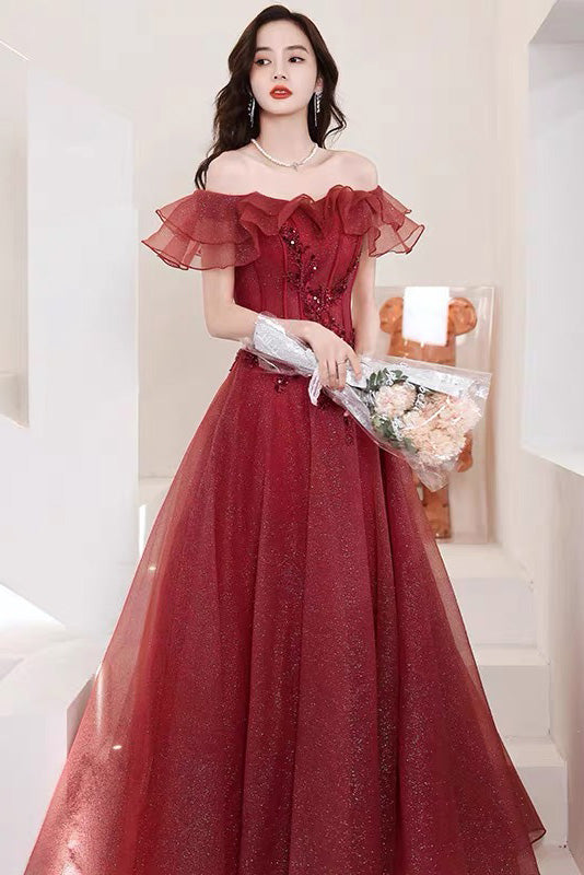 Off The Shoulder Purple Tulle Prom Dress, A line Evening Dress With Applique WLD0255
