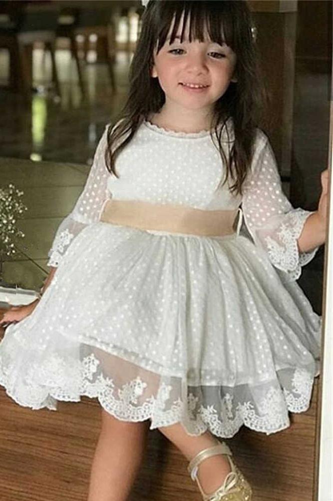 A Line 3/4 Sleeve Lace Flower Girl Dresses Above Knee Baby Dress with Sash WLD083