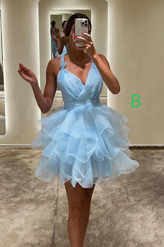 Hot Pink Organza Short Prom Dresses A Line Tiered V-Neck Homecoming Dress WLD0170