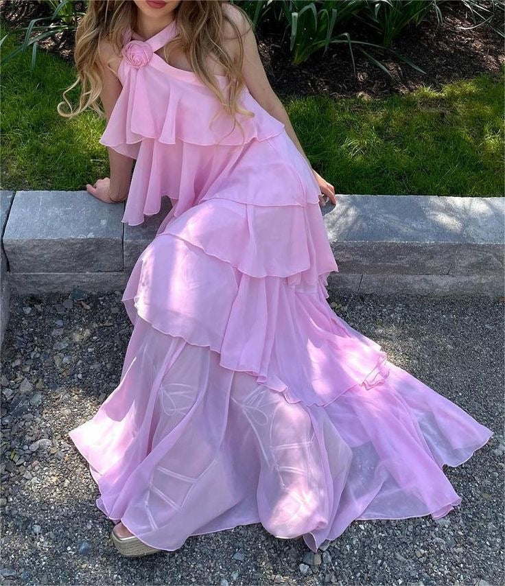 Halter Pink Chiffon Floor Length Prom Dress With Layers ,Formal Gown CHP0338