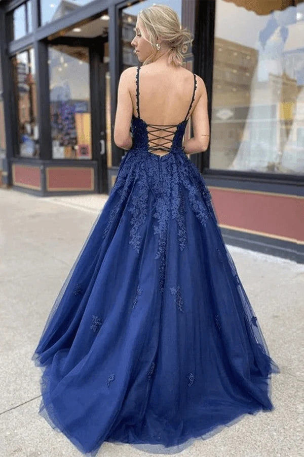 A-line Navy Blue Tulle Lace Long Prom Dress, Evening Dress WLD0247