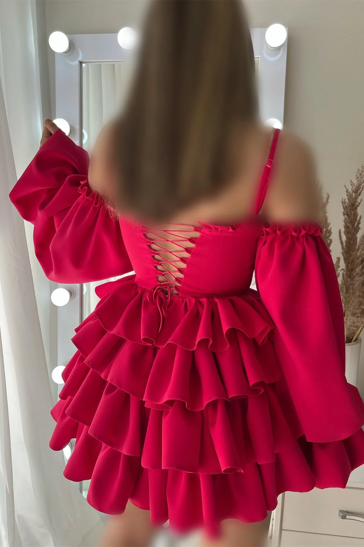 Spaghetti Straps Ruffled Long Sleeves Layers Homecoming Dress WLD0159
