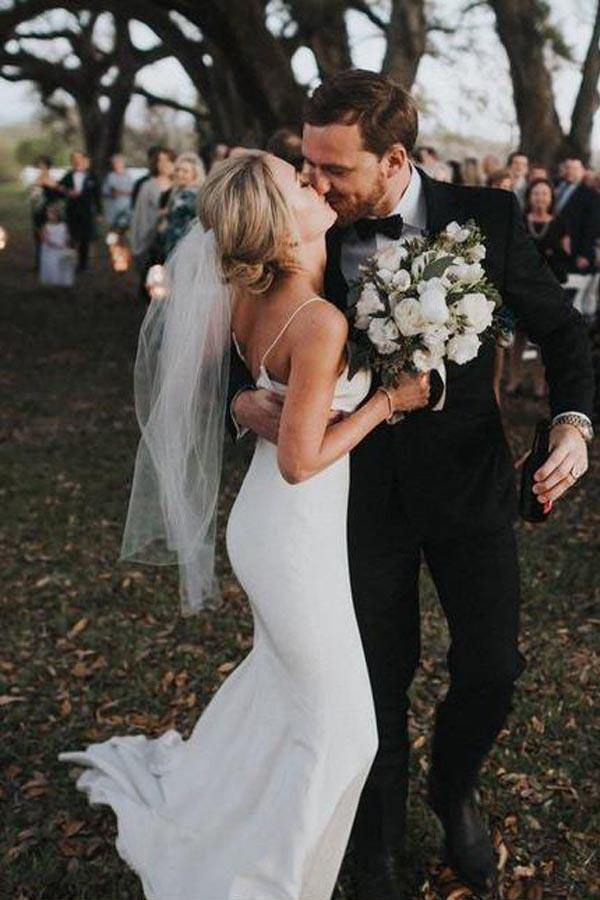Spaghetti Straps Mermaid Backless V-Neck Beach Wedding Dresses, Long Bridal Gown WLD0143