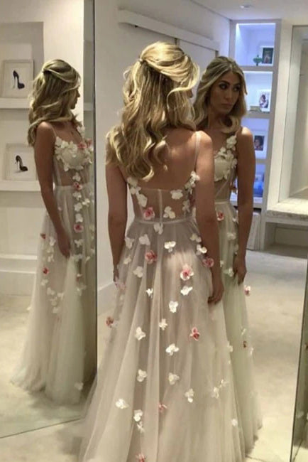 Unique Sweetheart Tulle White Long Prom Dress, White Evening Dress With Hand-Made Flower WLD0097