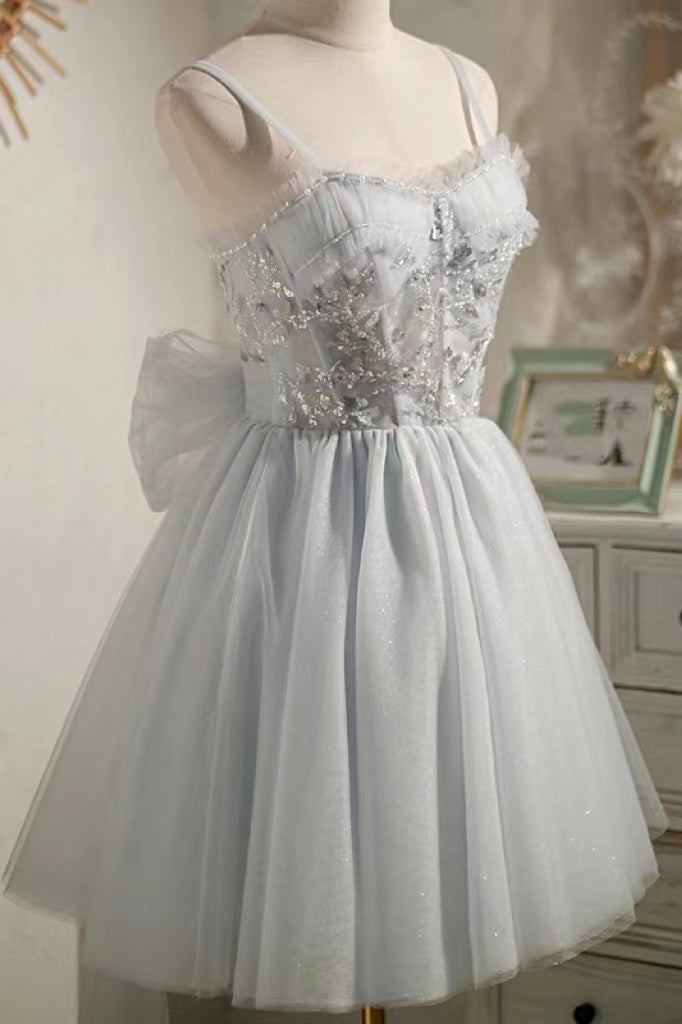 A Line Light Blue Tulle Homecoming Dress with Beading, Cute Bowknot Mini Prom Gown WLD0066