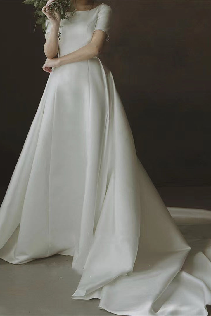 Simple White Satin V Back Beach Wedding Dresses, Ivory Bridal Gowns With Bowknot WLD0135