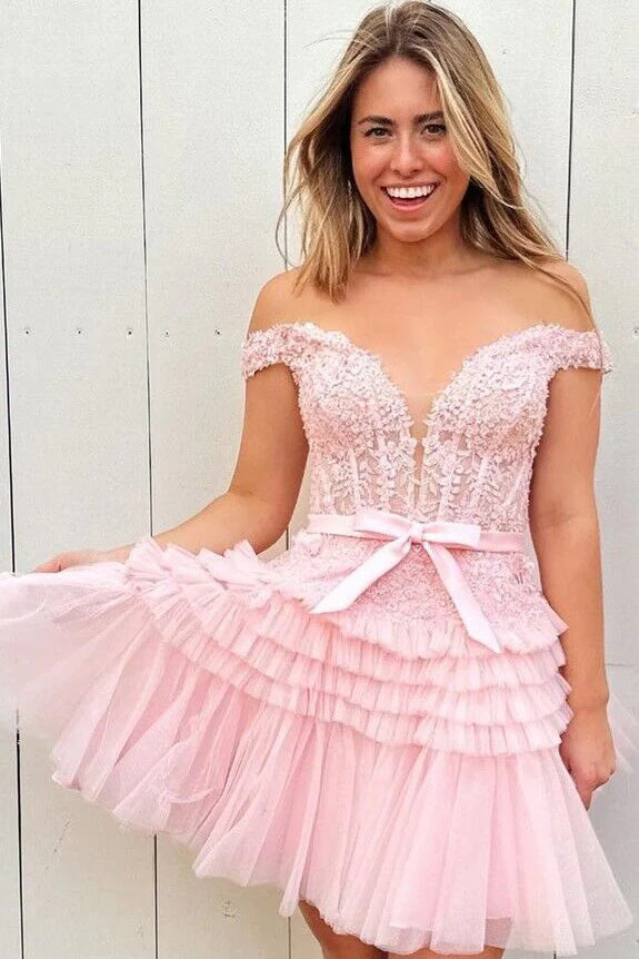 Hot Pink Off-the-Shoulder A-Line Short Prom Dress, Homecoming Dress WLD0156