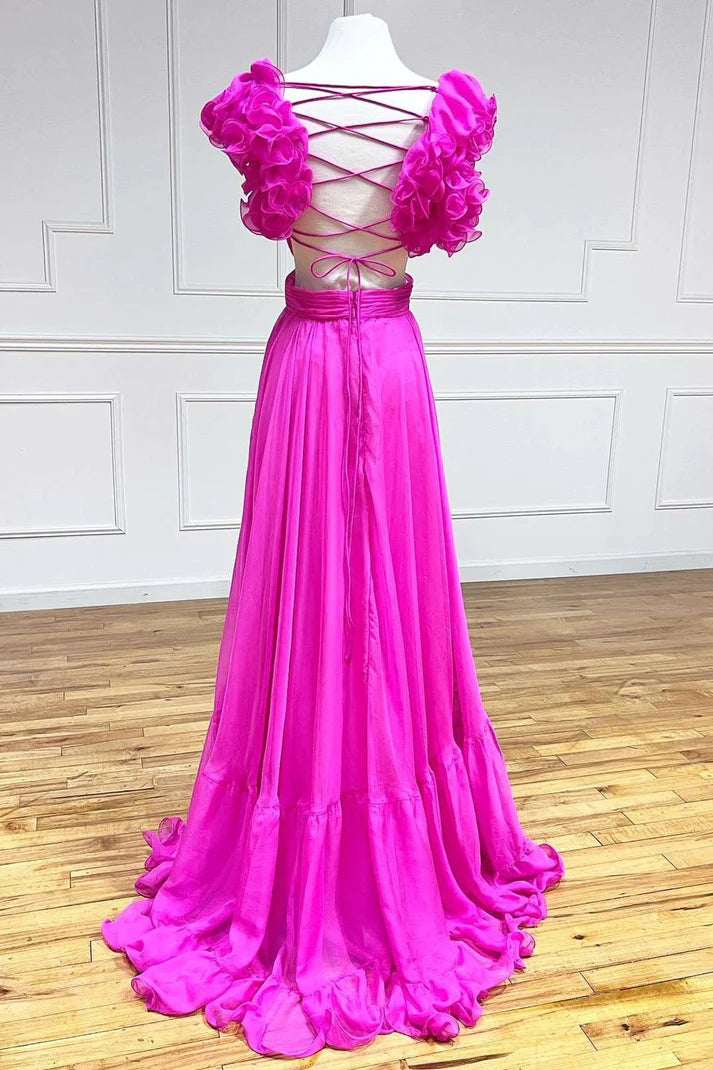 Hot Pink Ruffles Lace-Up Back A-Line Prom Dress, Formal Evening Dresses WLD0234