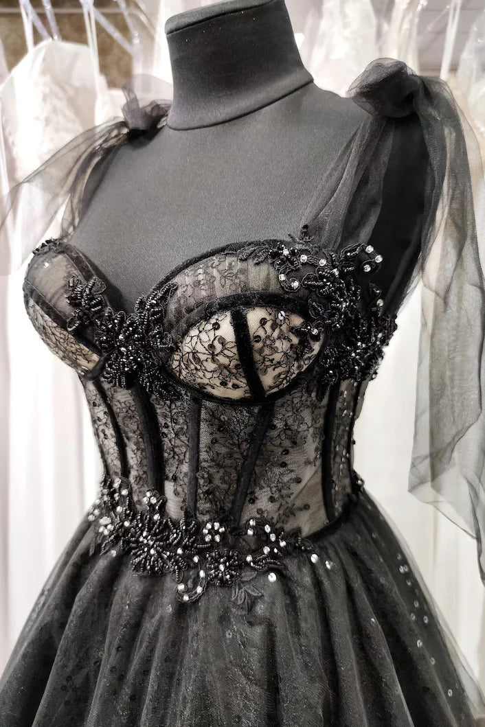 Black Tulle Long Prom Dress With Beaded Lace Appliques, Formal Evening Dress WLD0202