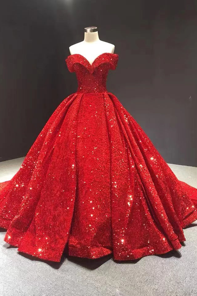 Shiny Green Sequins Ball Gown Prom Dresses, Gorgeous Off the Shoulder Quinceanera Dresses WLD0178