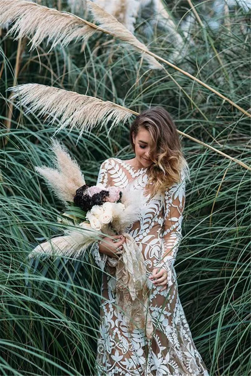 Aesthetic Ivory Long Sleeves Mermaid Wedding Dresses With Sweep Train,Long Bridal Dress With Lace WLD0125