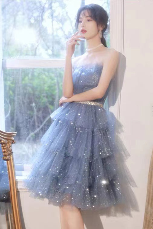 Shiny Blue Tulle A-Line Spaghetti Straps Homecoming Dresses,Short Party Gowns,Hoco Dress WLD0137
