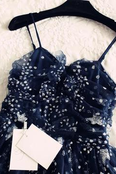 Spaghetti Straps Navy Blue Tulle Sweetheart Homecoming Dresses,Short Prom Dress WLD0144