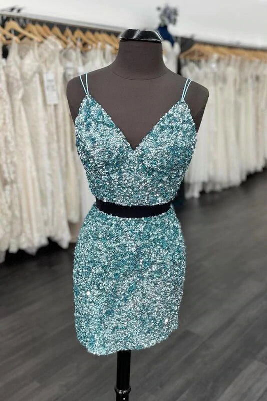 Glitter Two Piece Blue Sequins Tight Short Homecoming Dress, Graduation Dresses, Sweet Dress WLD0067