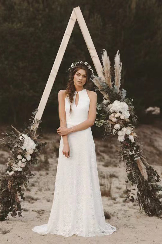 Simple A Line White Lace Wedding Dress With Sweep Train,Backles Long Beach Wedding Dress WLD0131