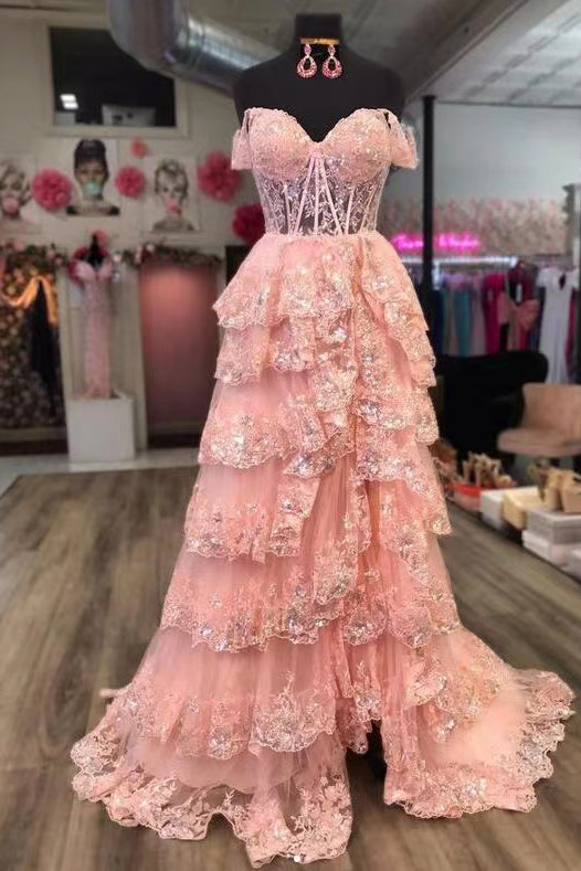 Shiny Off The Shoulder Long Prom Dress With Layers ,Formal Gown With Sequins Lace WLD0226