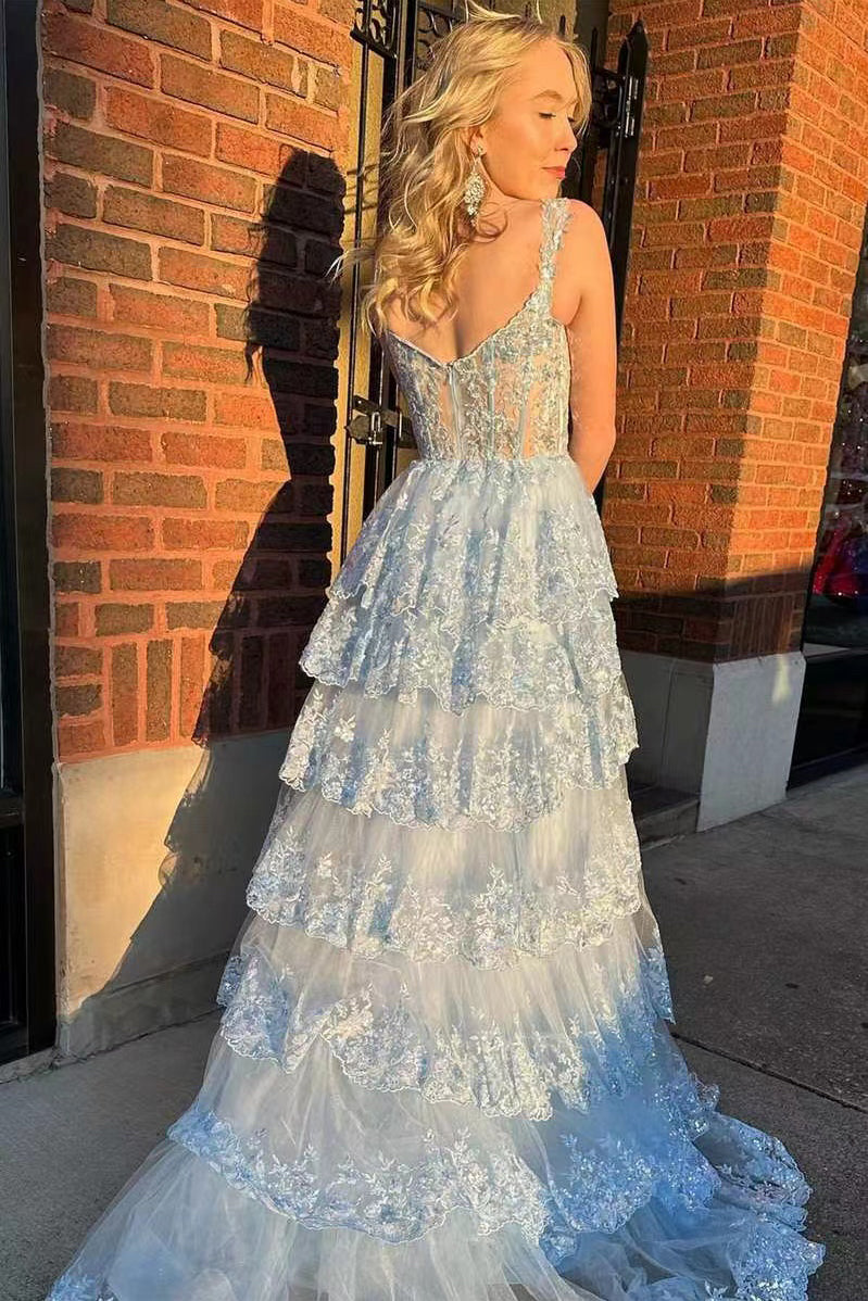 Light Sky Blue Sweetheart Long Prom Gown With Slit, Evening Dress WLD0222