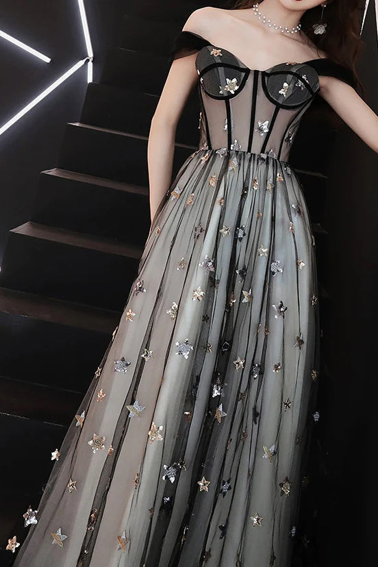 Gorgeous Off Shoulder A-Line Black Tulle Long Prom Dress with Stars WLD0246