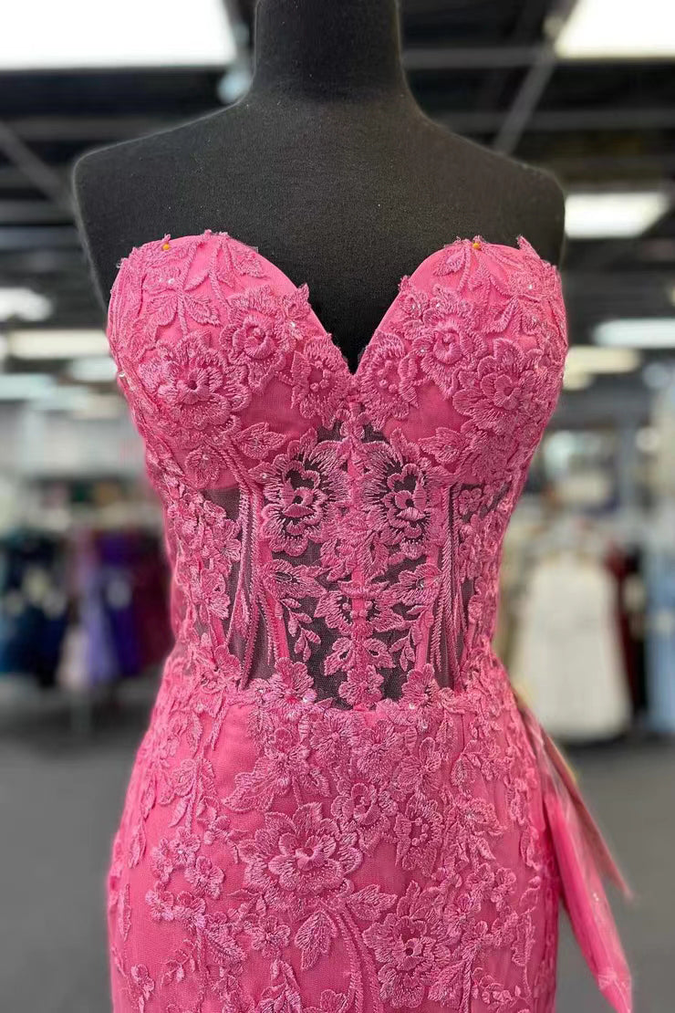 Hot Pink Mermaid Lace Prom Dresses With Appliques, Formal Evening Dresses WLD0218