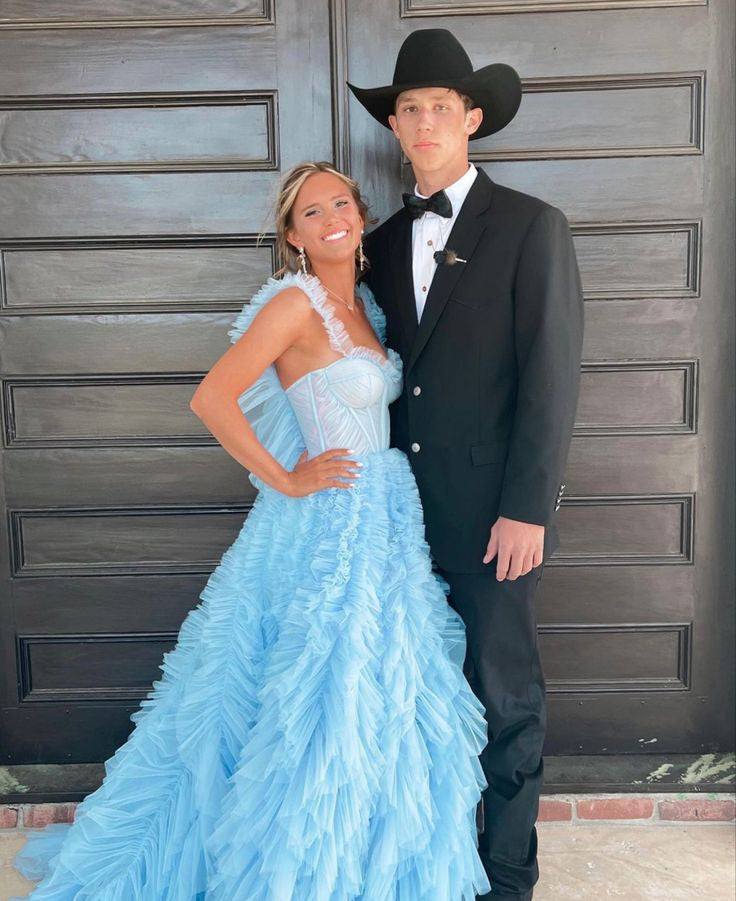 Light Sky Blue Tulle Princess Ruffle Straps With Tiered Long Prom Dress WLD0169