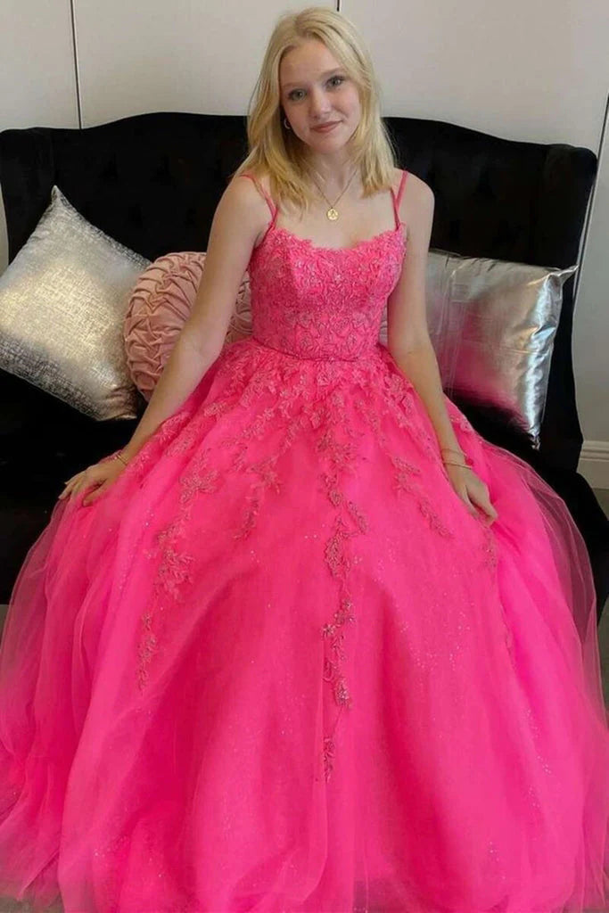 Hot Pink A Line Tulle Lace Appliques Long Prom Dress, Gorgeous Formal Gown WLD0167