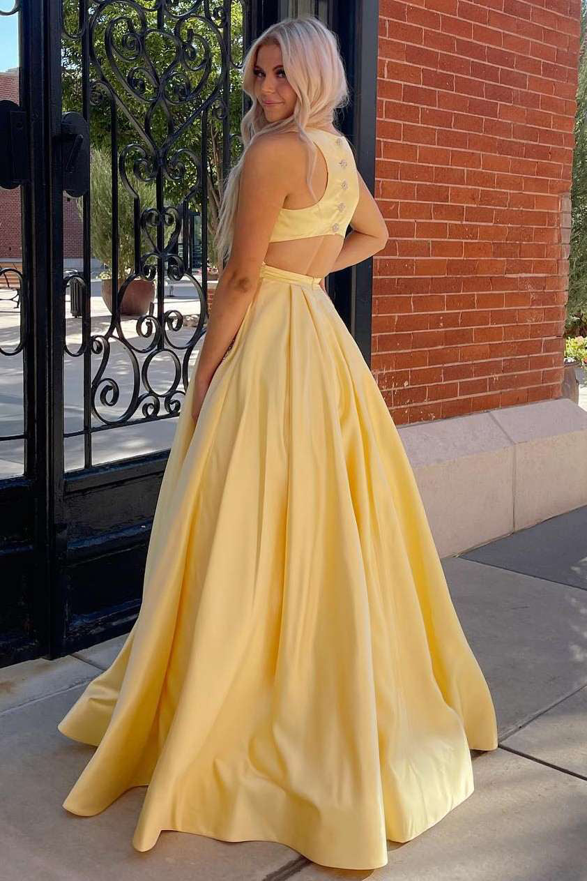 Gorgeous Yellow Satin Cutout Back A-Line Formal Dress With Rhinestones, Evening Gown WLD0180