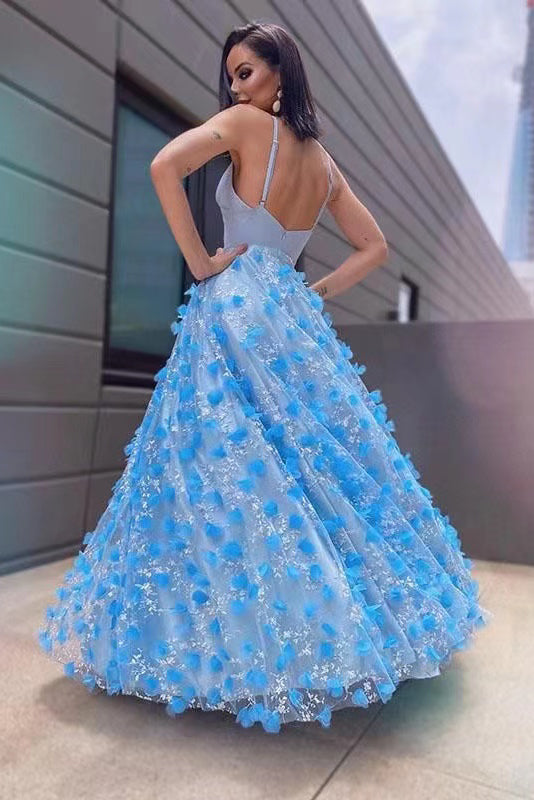 Light Sky Blue Spaghetti Straps Long Prom Gown With Flowers Evening Dress WLD0221