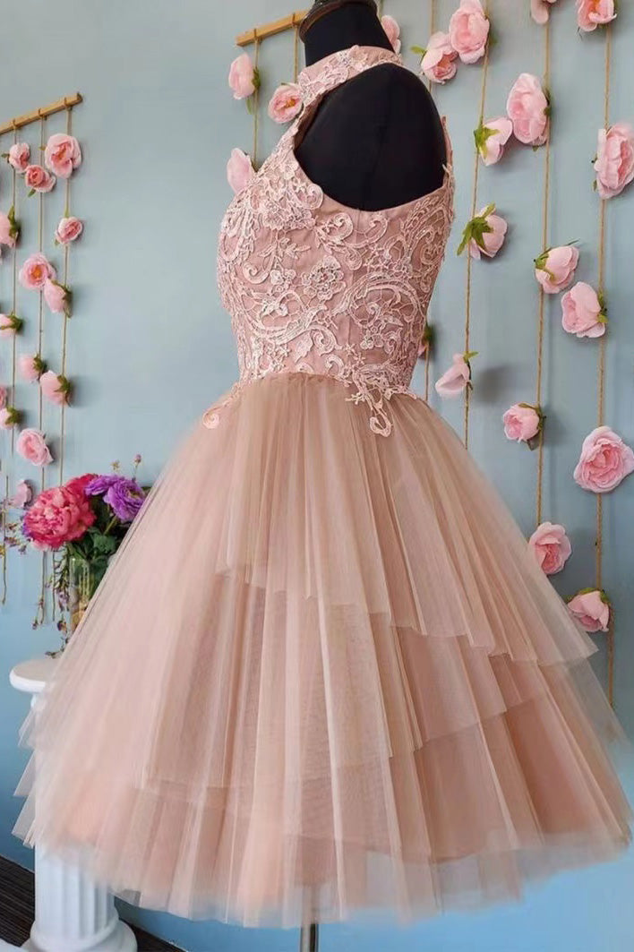 Halter Open Back Short Lace Prom Dress, Formal Graduation Dress, Sweet 16 Dresses WLD0177