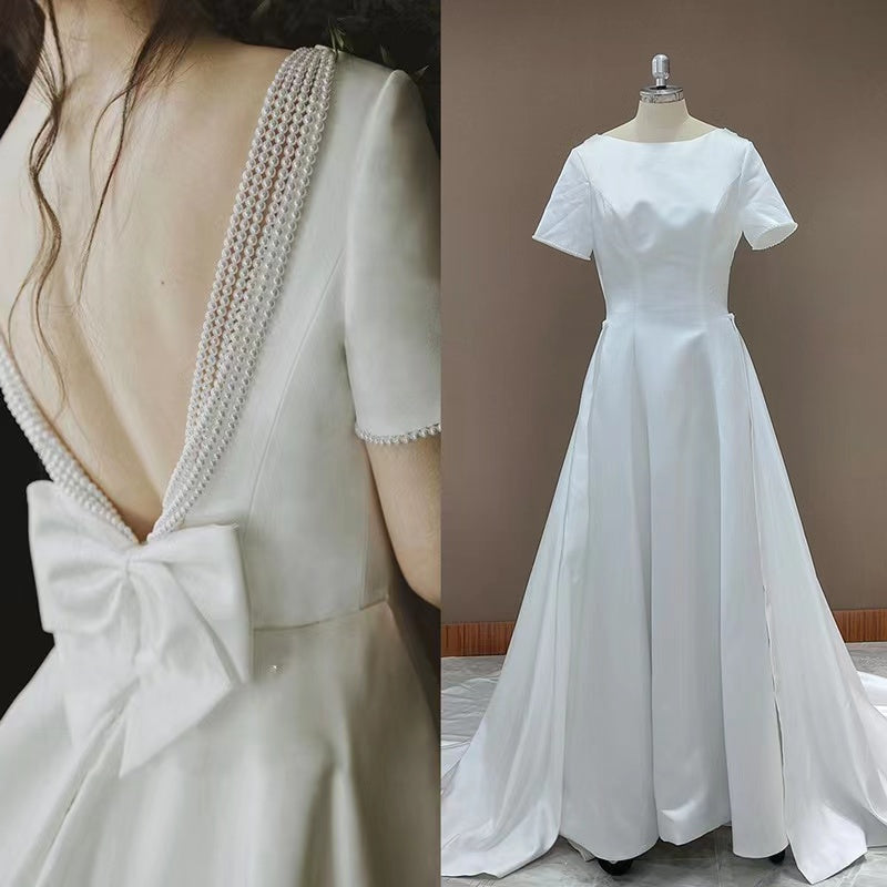 Simple White Satin V Back Beach Wedding Dresses, Ivory Bridal Gowns With Bowknot WLD0135