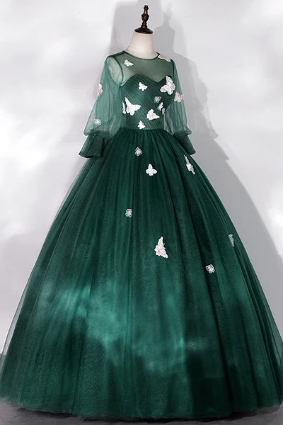Dark Green Long Sleeves Ball Gown Sweet Dresses, Green Tulle Round Neckline Prom Dresses WLD0021